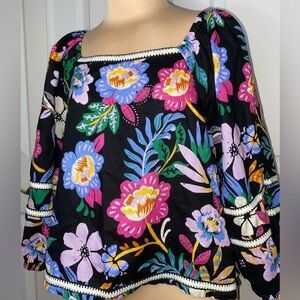 C&C California Black Linen Blouse w/ Colorful Bohemian Summer Floral Print Top L